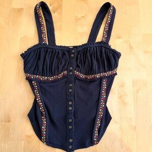 Free People Embroidered Black Wilder Knot Corset German Swiss Dirndl Top XS/S